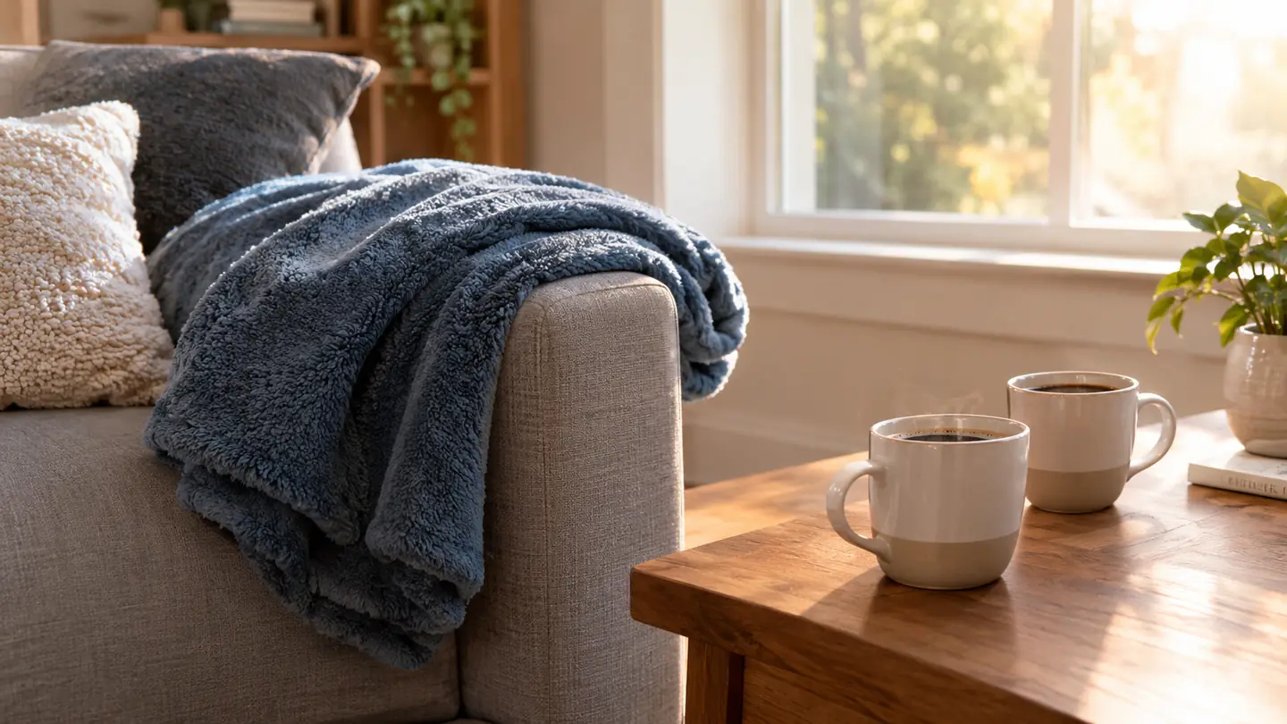 A folded fleece throw blanket resting on the arm of a couch beside two mugs of coffee on a wooden table