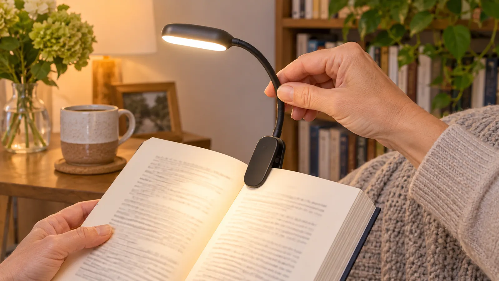 A hand adjusting the flexible neck of a small book light clipped to a book
