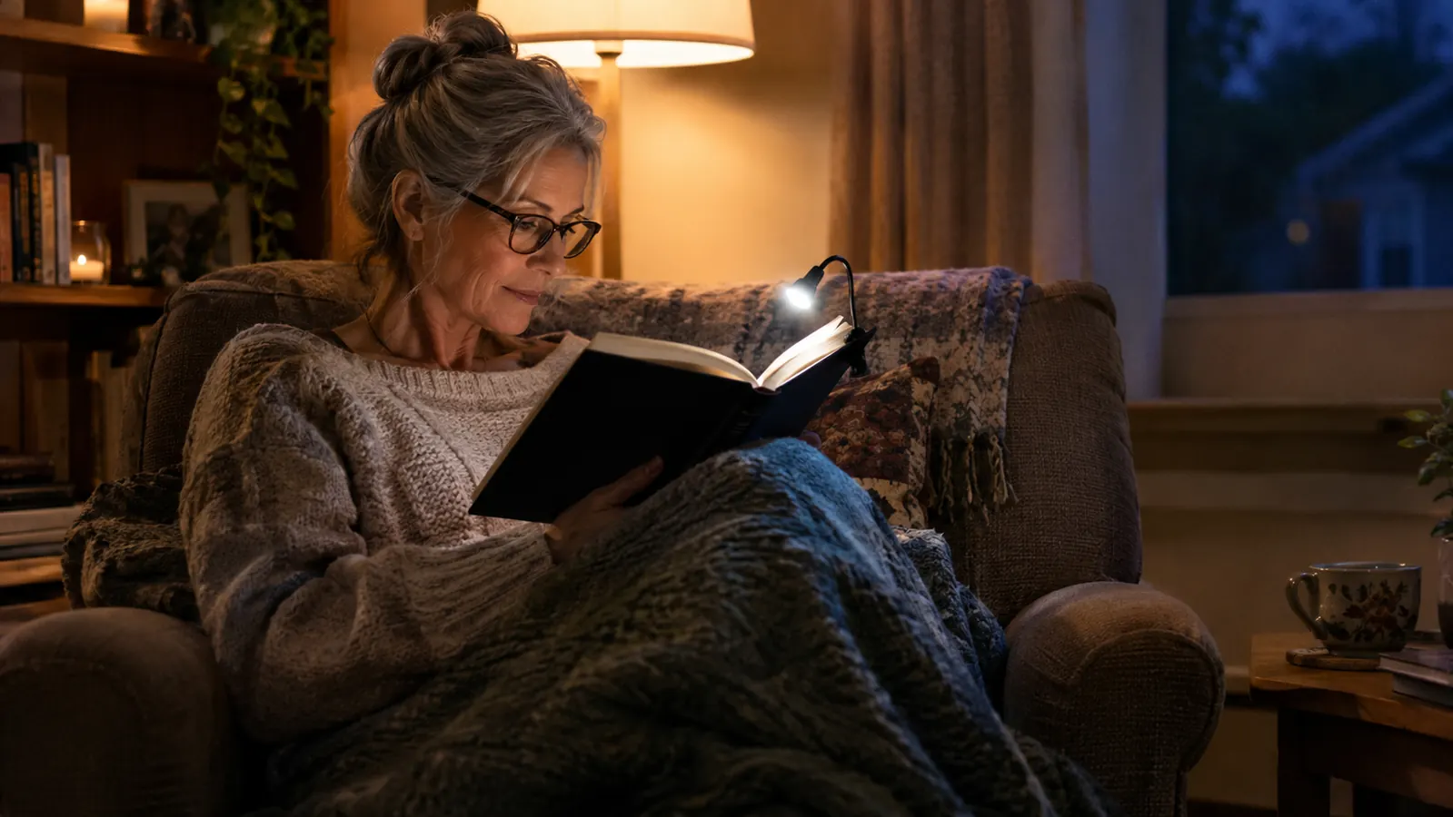 A reader curled up in an armchair with a book lit by a small clip-on light