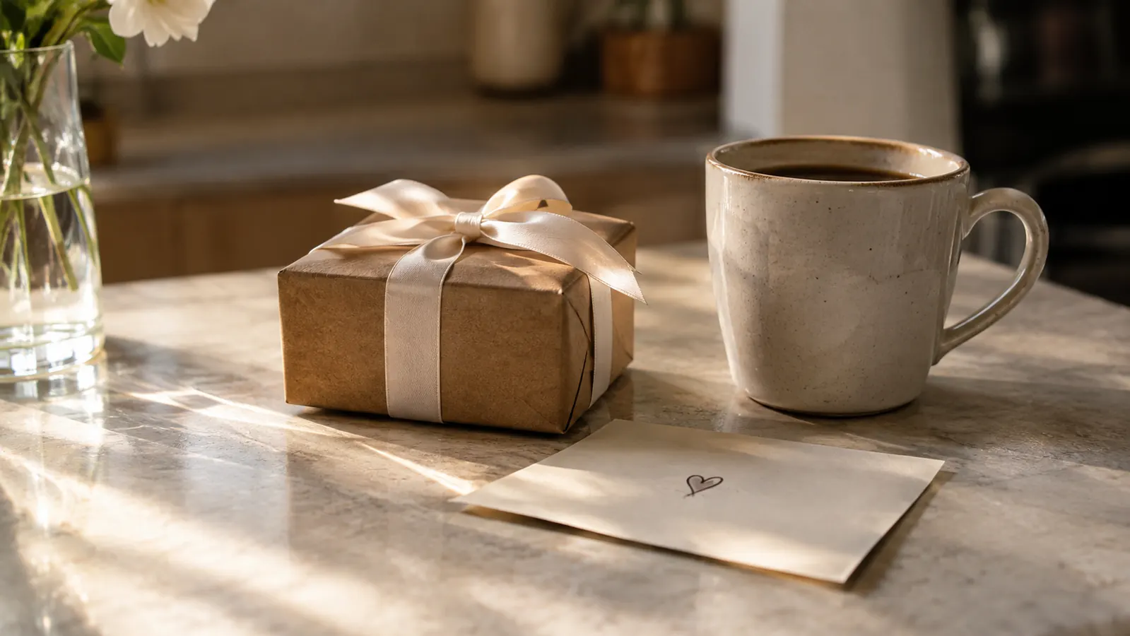 A small gift box with a ribbon on a kitchen counter next to a coffee cup and a card, morning light