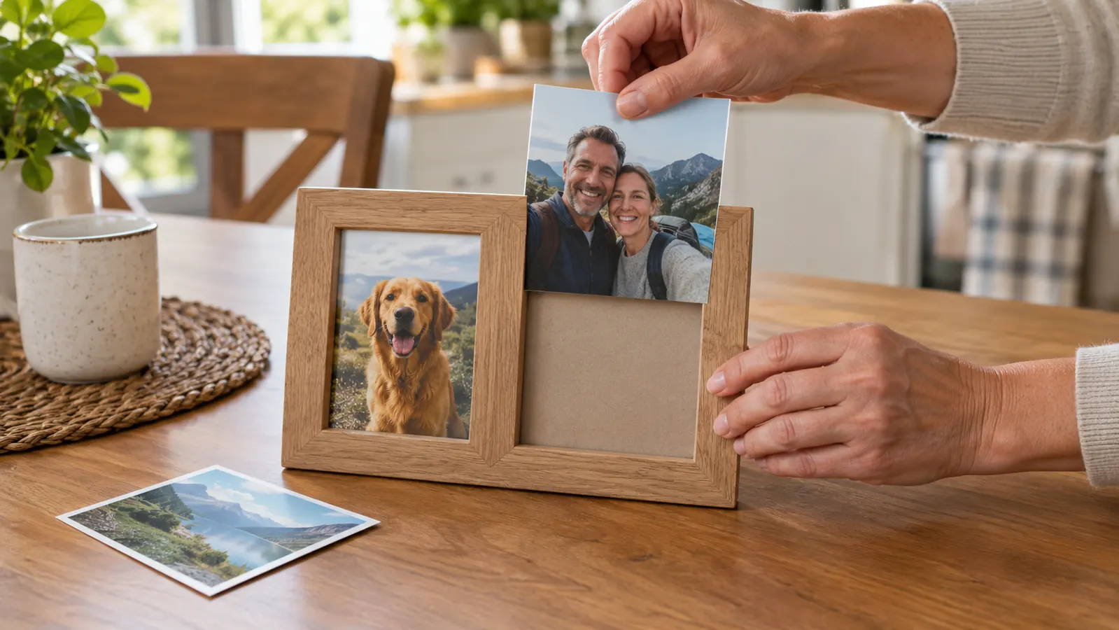 Hands placing a printed photo into one side of a two-opening frame on a kitchen table, a second photo waiting beside it.