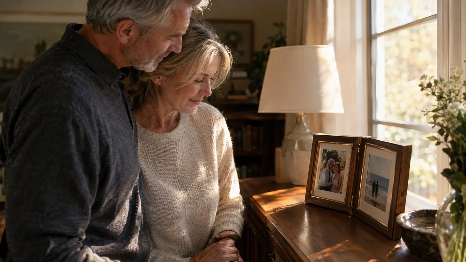 A couple in their sixties looking at a two-opening picture frame displayed on a sideboard, late afternoon light through a window.