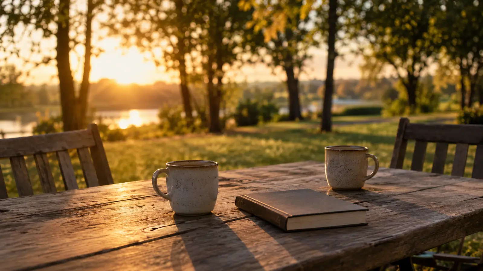 A picnic table in a park at golden hour with two coffee mugs and a closed book resting on it.