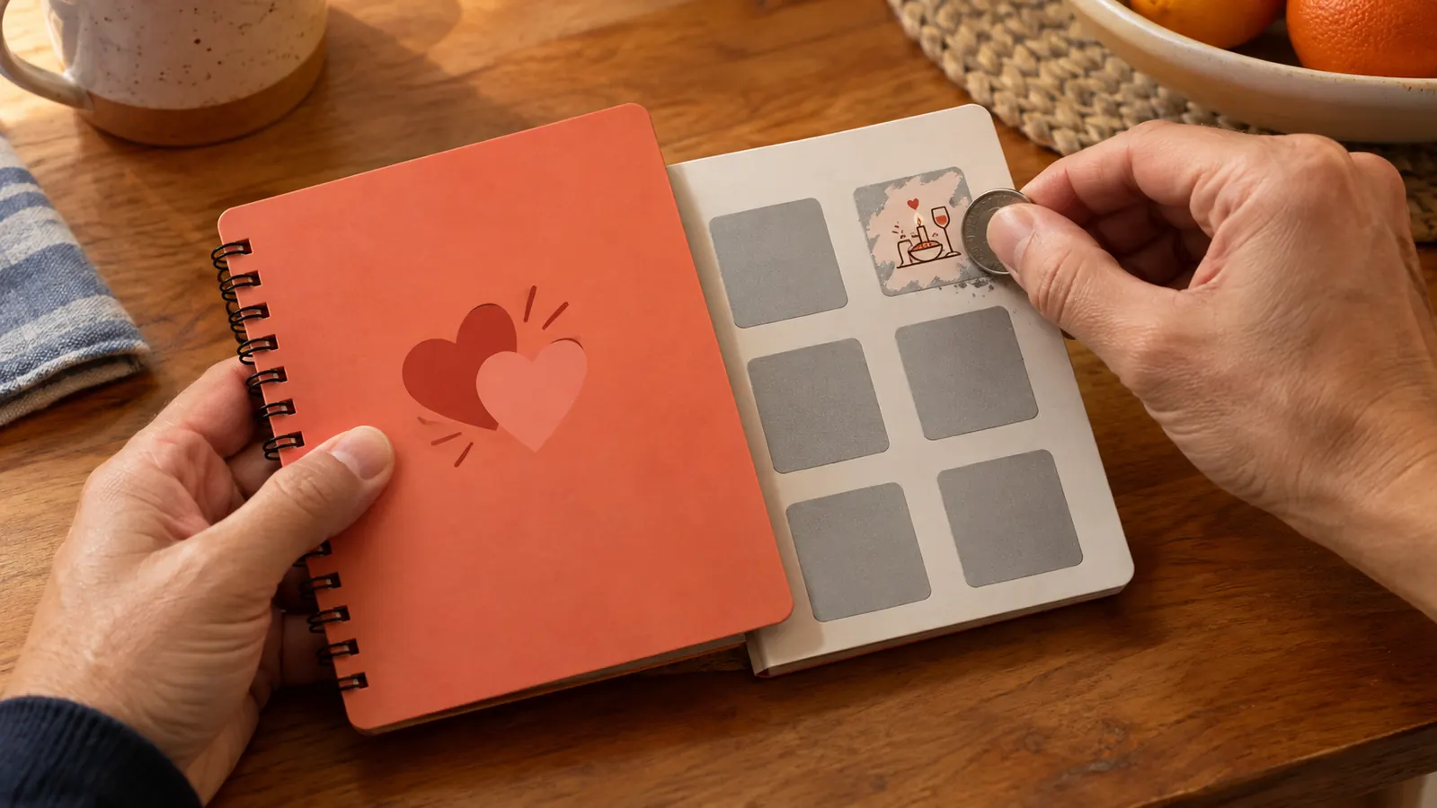 Hands scratching off a card from the date night book with a coin