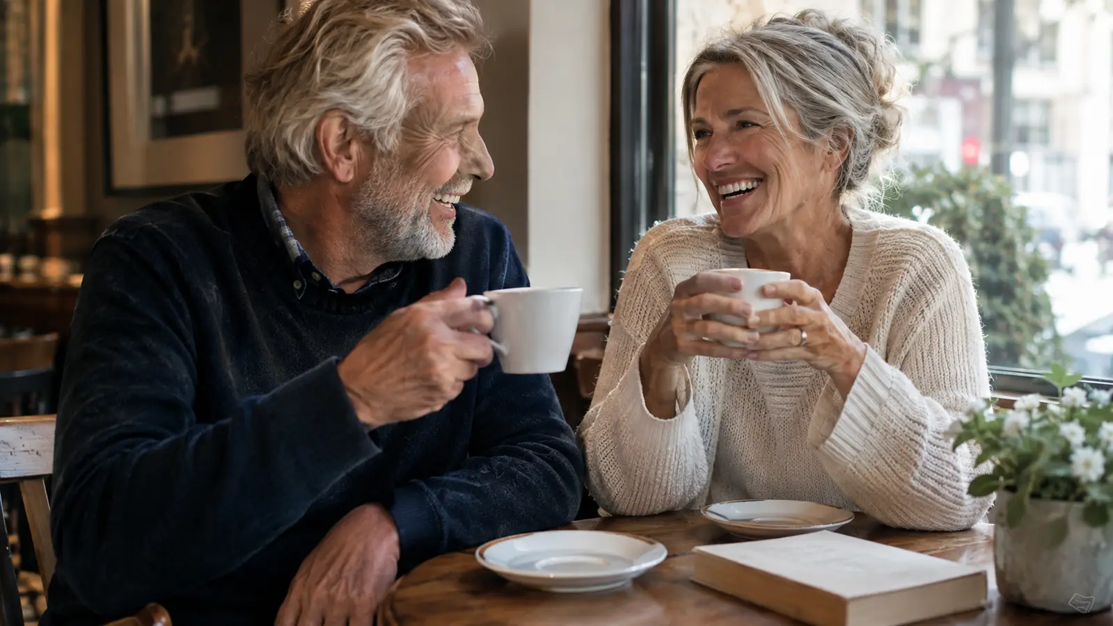 A couple laughing over coffee at a cafe table with the date night book closed beside them
