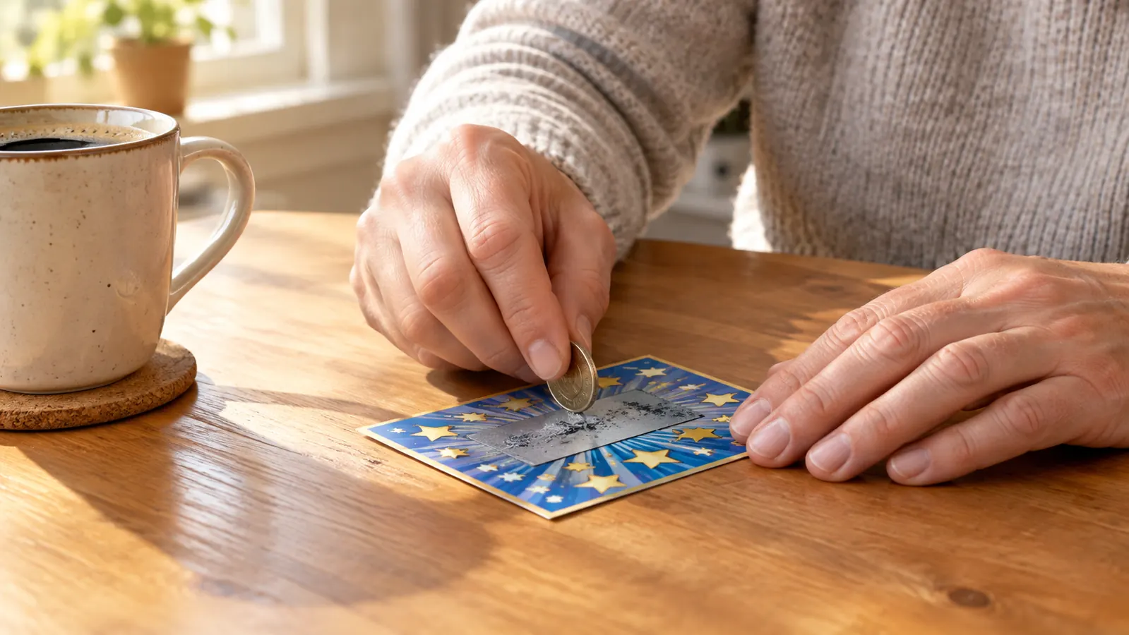 A hand scratching off a date night card with a coin, the card resting on a kitchen table next to a coffee mug
