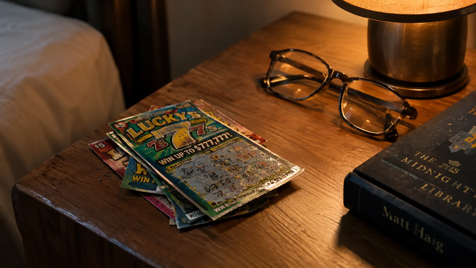 A stack of used date night cards with scratched-off areas sitting on a nightstand next to reading glasses and a library book