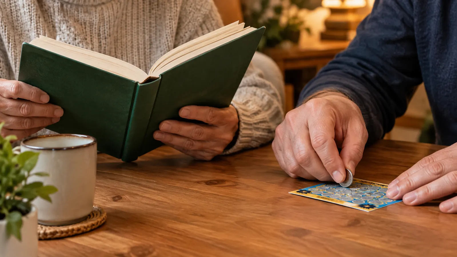 Hands holding an open date night book while a thumb scratches one of the cards
