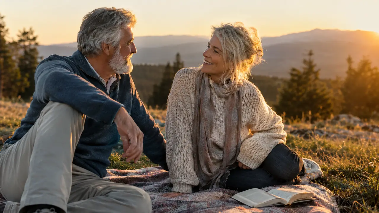 A couple in their sixties sitting on a picnic blanket in a park at golden hour, an open book resting beside them