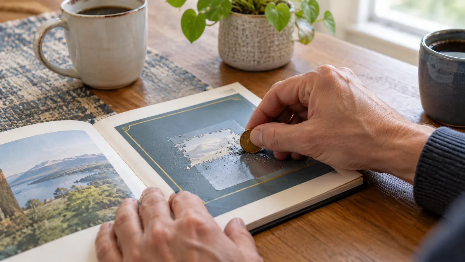 A person scratching off a card in an open book on a kitchen table, a coin in one hand
