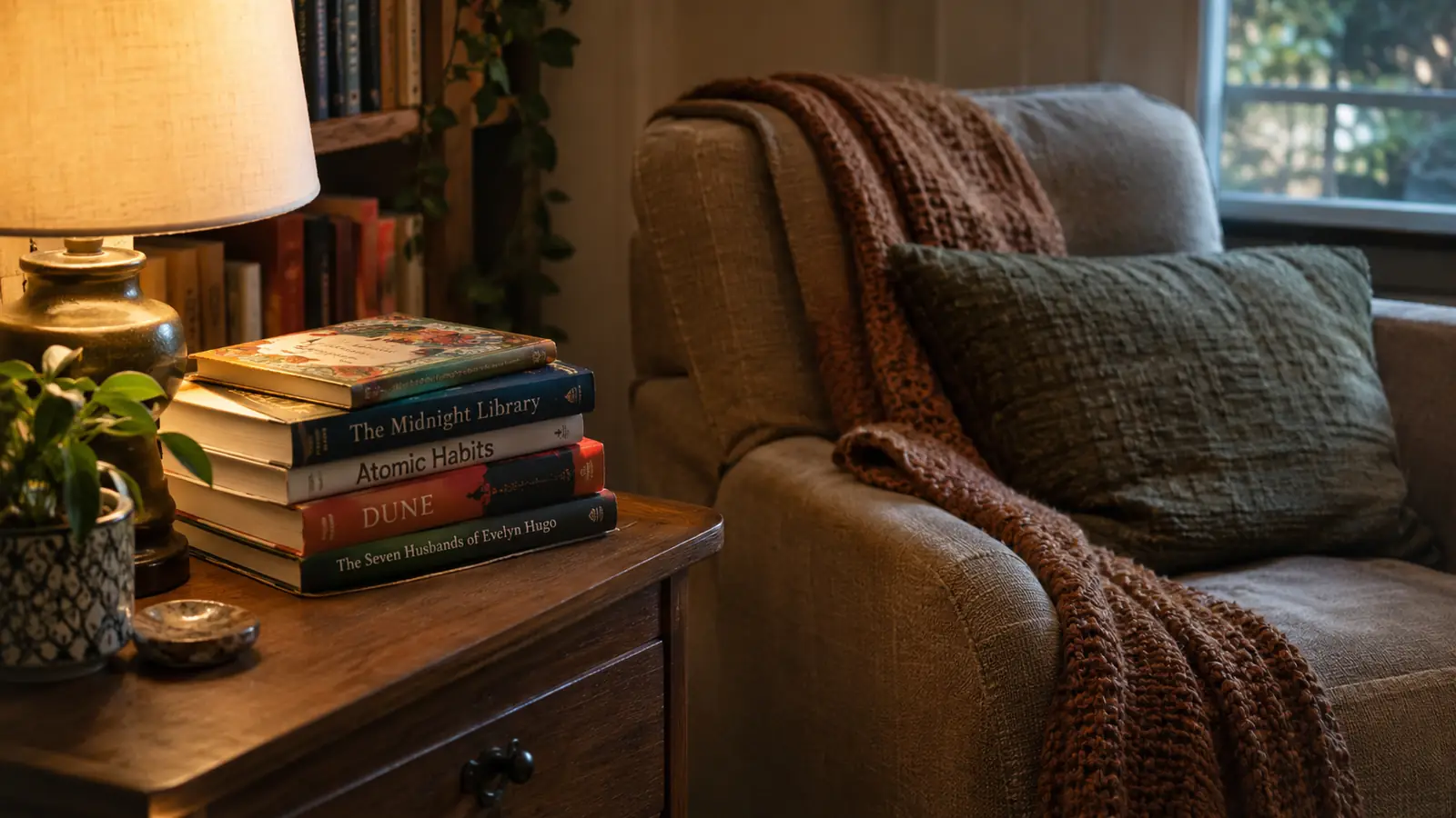 A stack of library books on a nightstand beside a reading chair, a small book on top