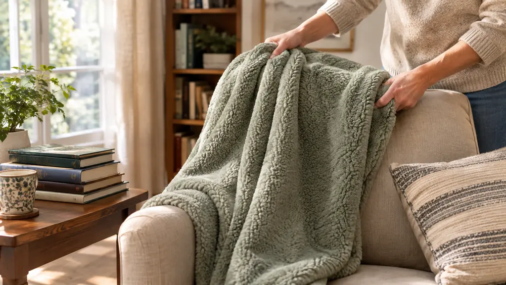 Hands folding a soft sherpa throw blanket and placing it over the back of an armchair beside a stack of books