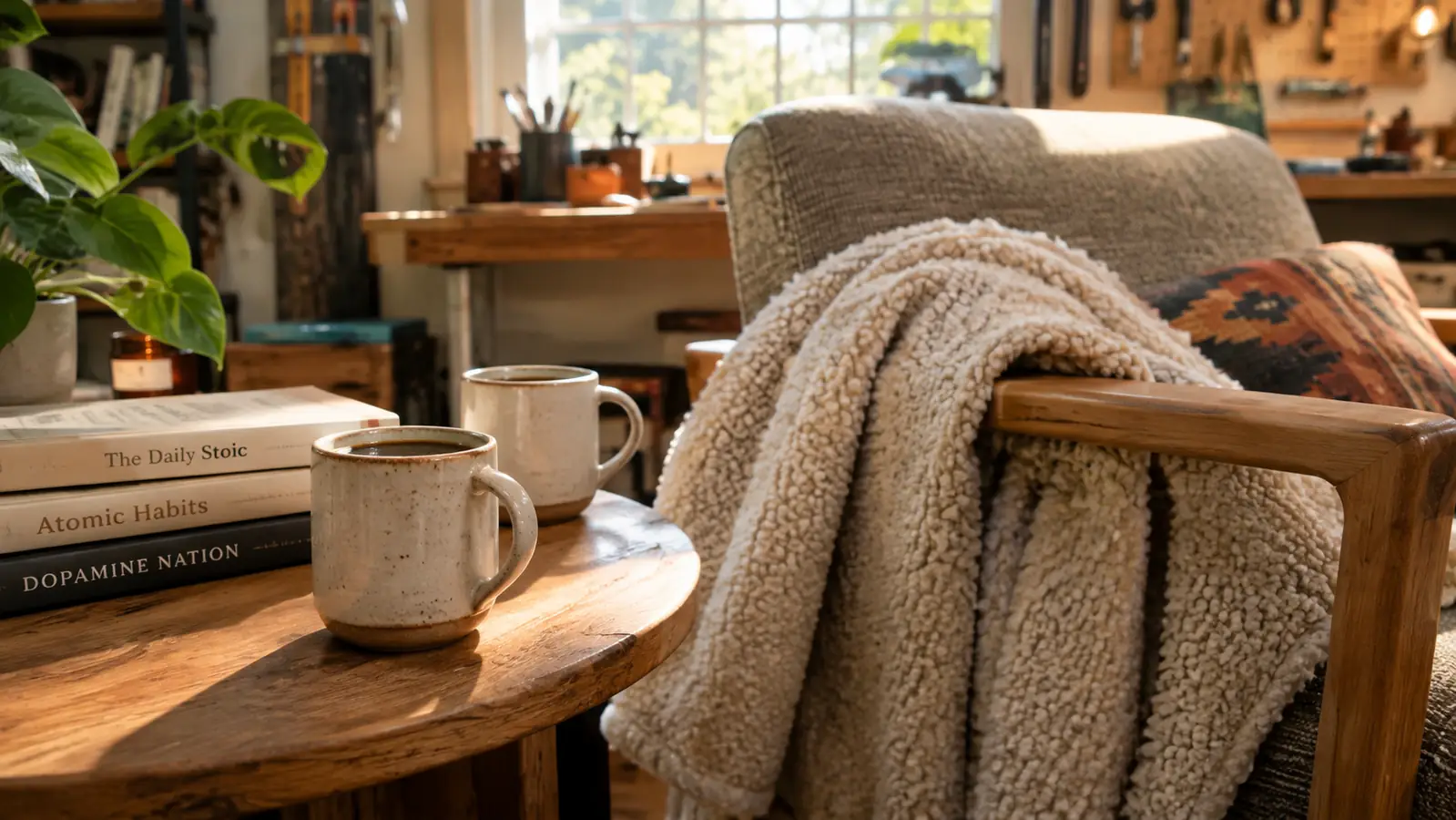 Two mugs of coffee on a wooden side table beside a folded sherpa throw blanket on an armchair