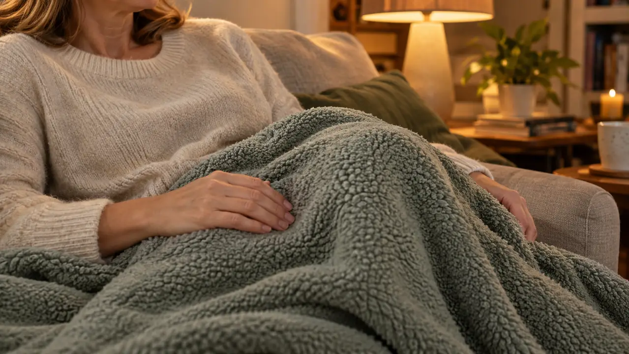 A person sitting on a couch with the throw blanket draped over their lap, hand resting on the soft fabric