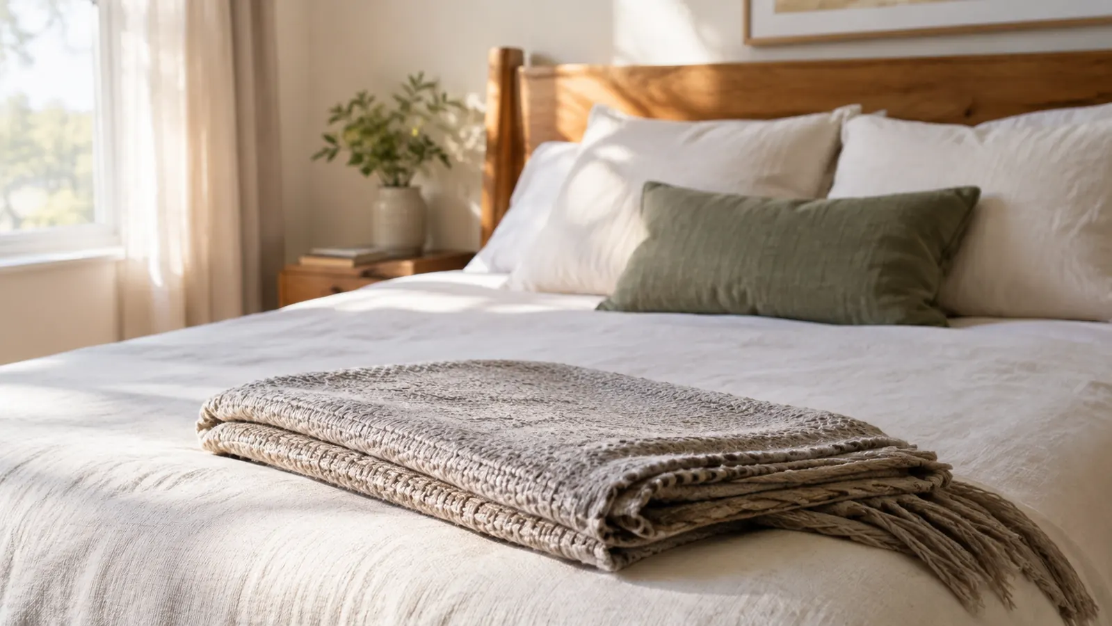 A neatly folded throw blanket resting at the foot of a bed in soft morning light