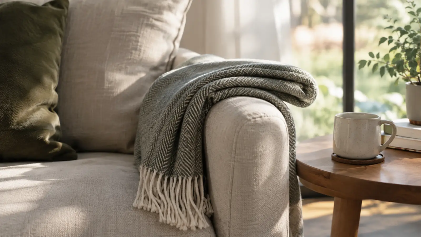 A throw blanket folded on the arm of a couch with a coffee mug on a side table