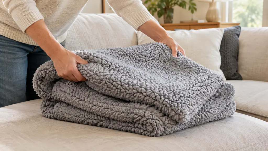 Hands folding a soft sherpa throw blanket on a couch, showing its plush texture
