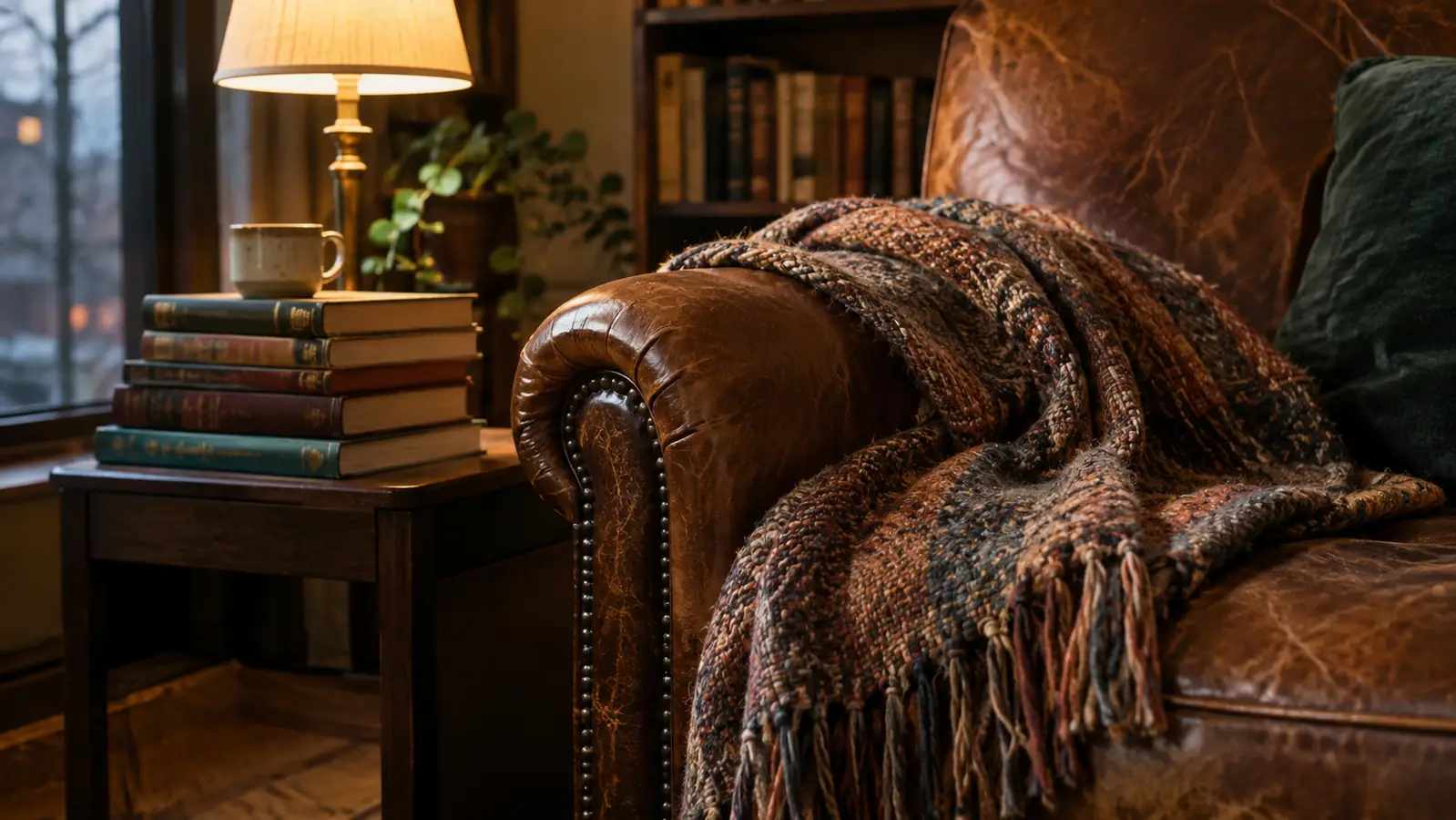 A throw blanket draped over the arm of a reading chair beside a stack of books