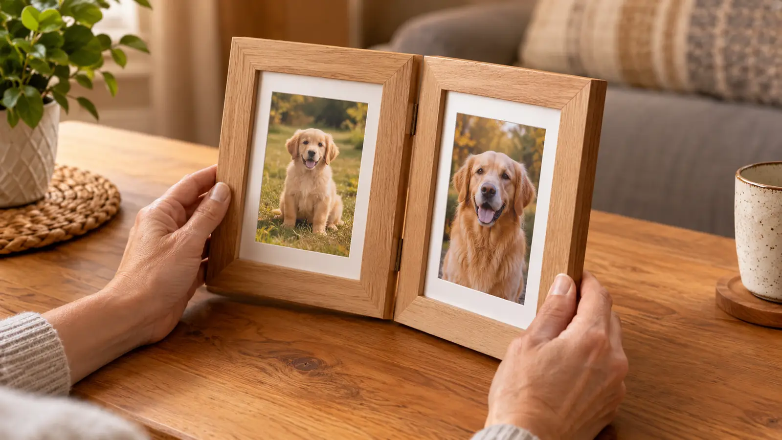 Hands placing a double picture frame on a wooden tabletop, viewed from a slight angle so both openings are visible