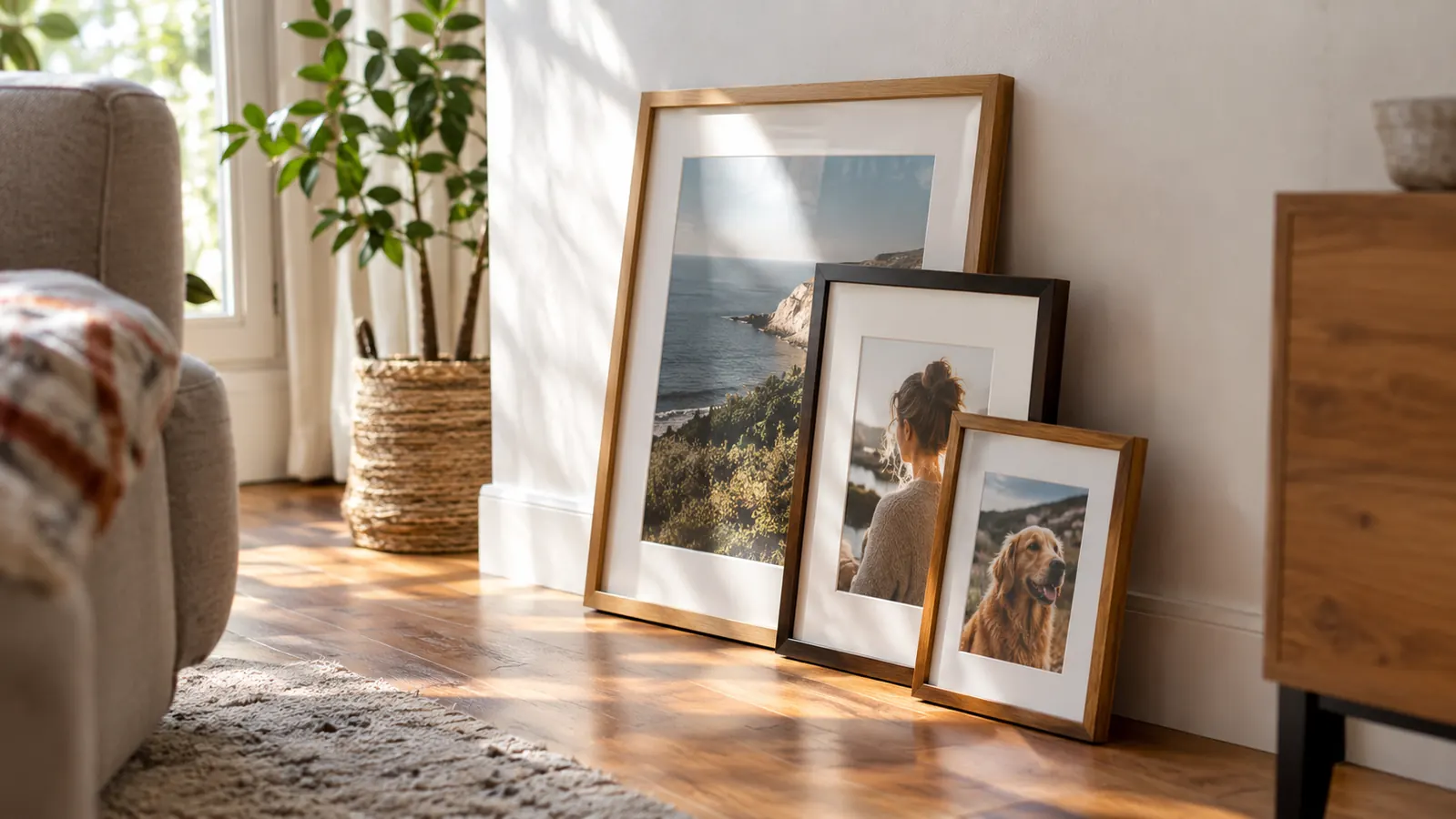 A small stack of framed photographs leaning against a wall in a bright living room