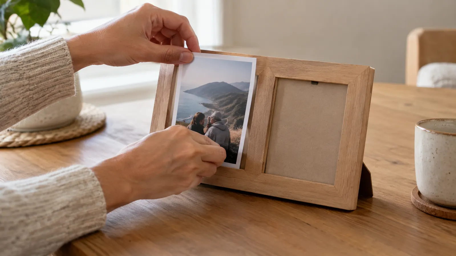 Hands positioning a printed photo into one of the two openings of the frame on a table