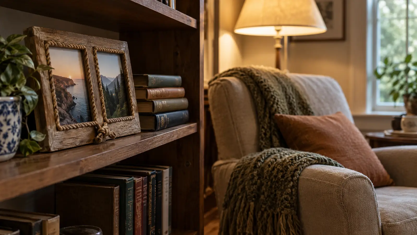 The two-opening frame displayed on a shelf beside a stack of books in a reading corner