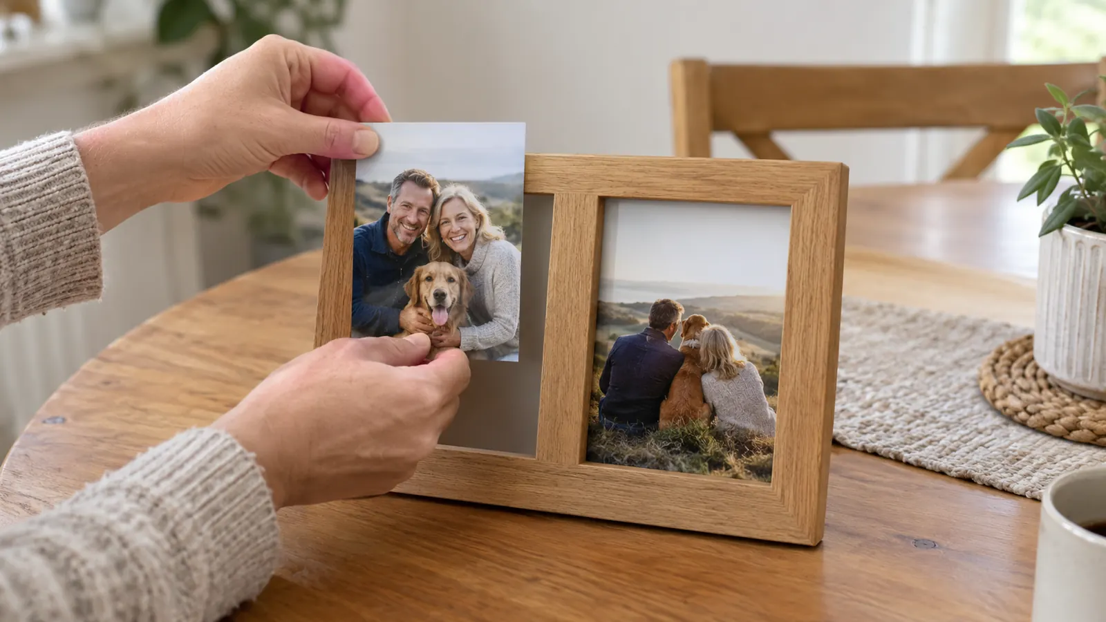 Hands placing a printed photo into the opening of a two-opening wood picture frame on a table