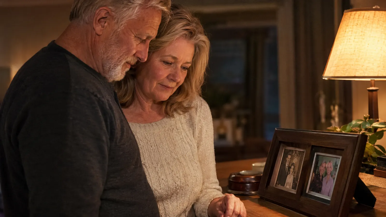 An older couple looking at a pair of framed photos on a table, warm evening light