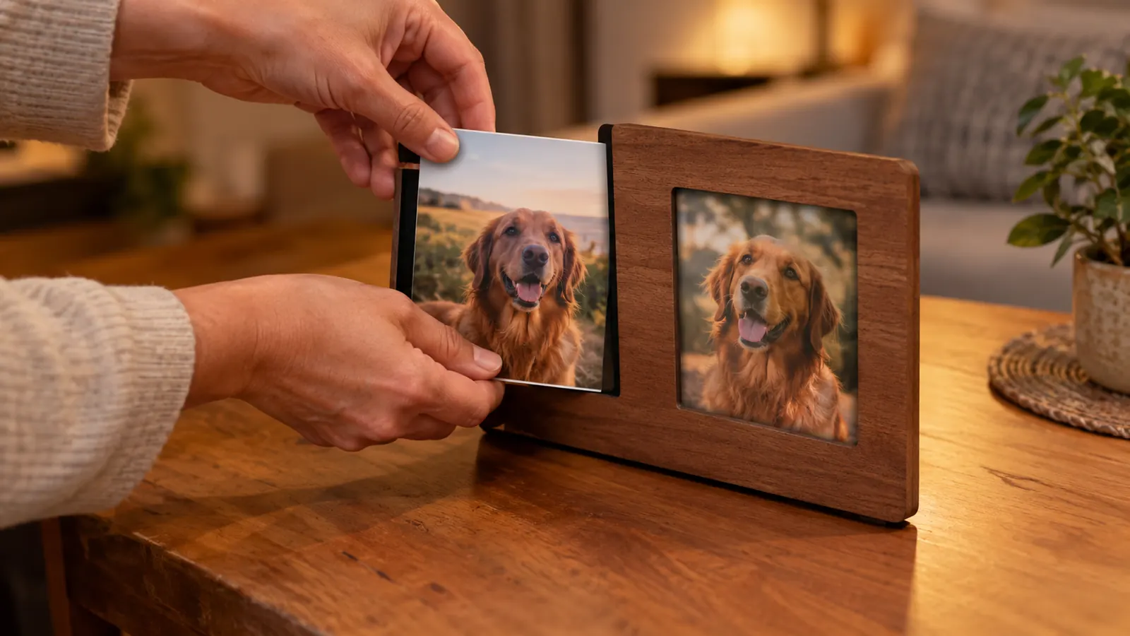 Hands placing a photograph into the left opening of a two-opening wooden picture frame on a table