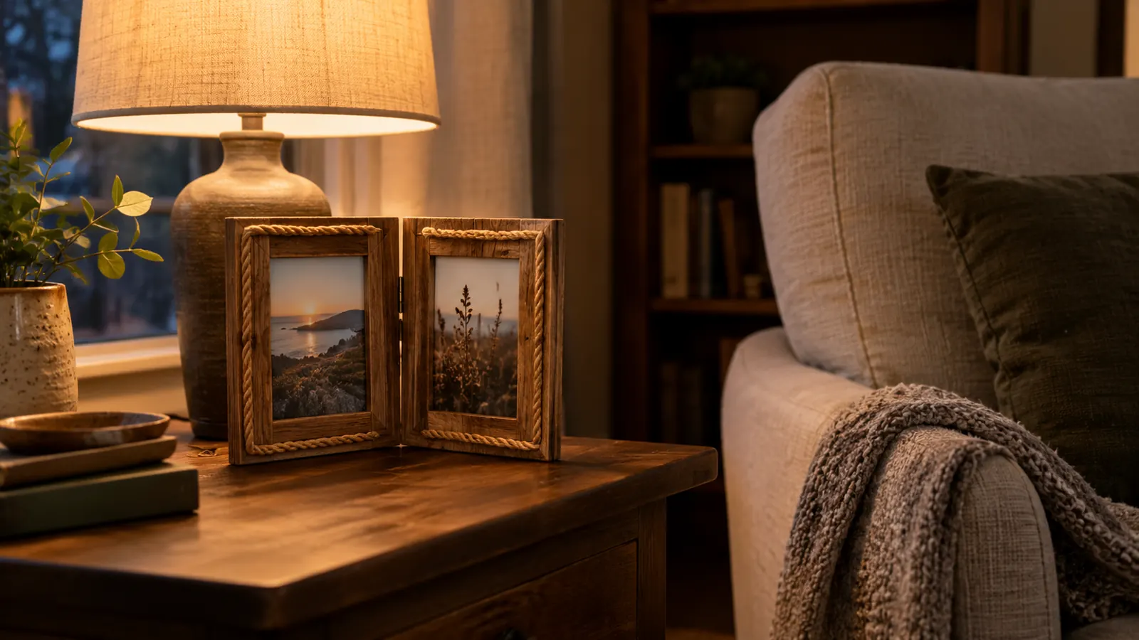 A two-opening wooden picture frame on a nightstand beside a reading chair and a lamp