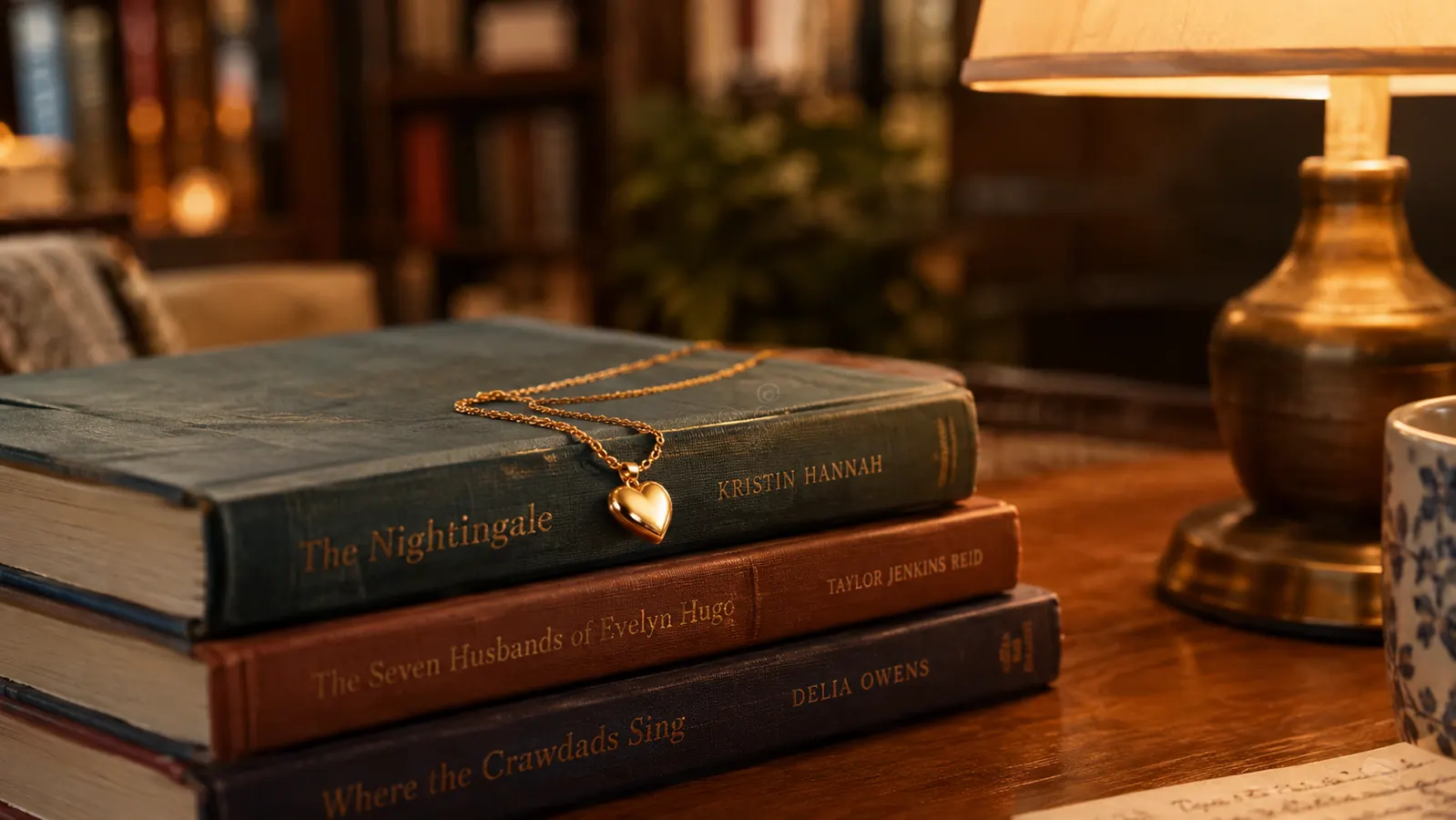 A heart pendant necklace resting on a stack of hardcover books beside a reading lamp