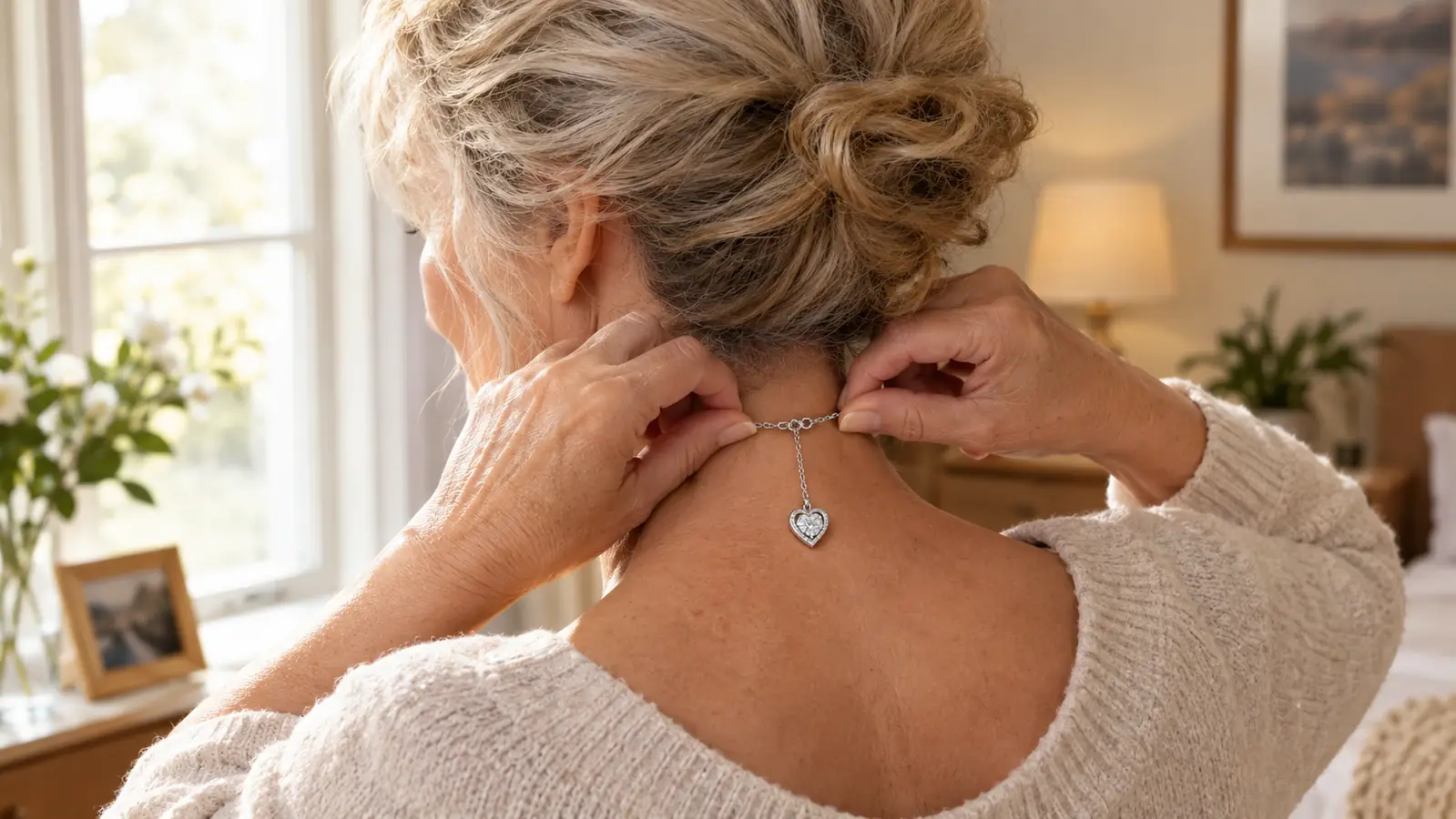A woman fastening a heart pendant necklace at the back of her neck, soft window light.