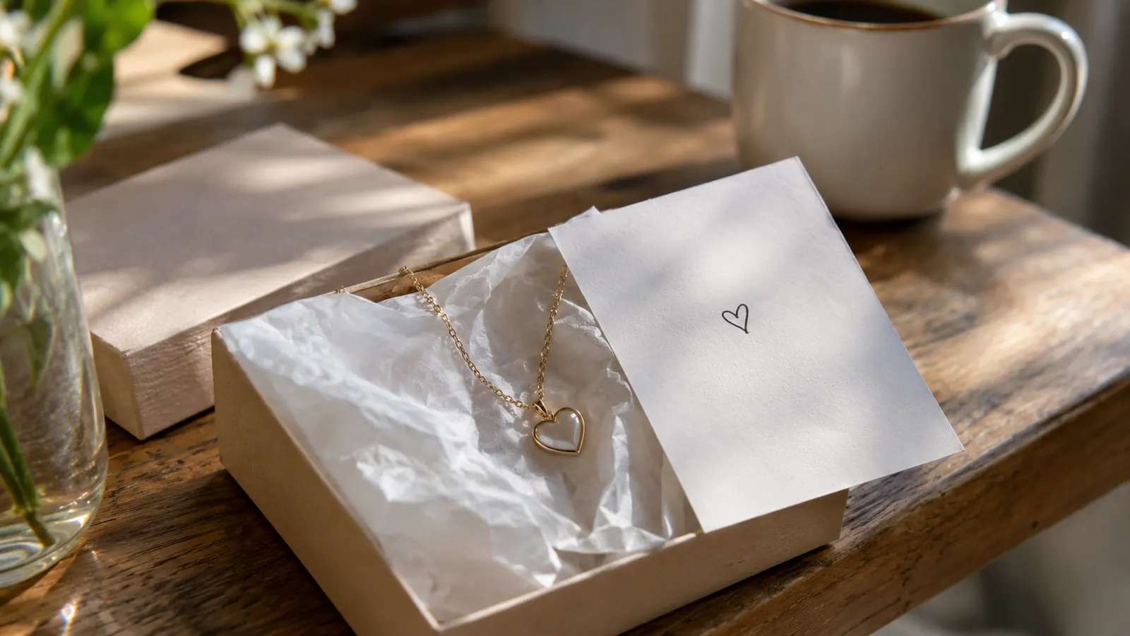 An open gift box with tissue paper on a kitchen table, a heart pendant necklace beside a handwritten card.
