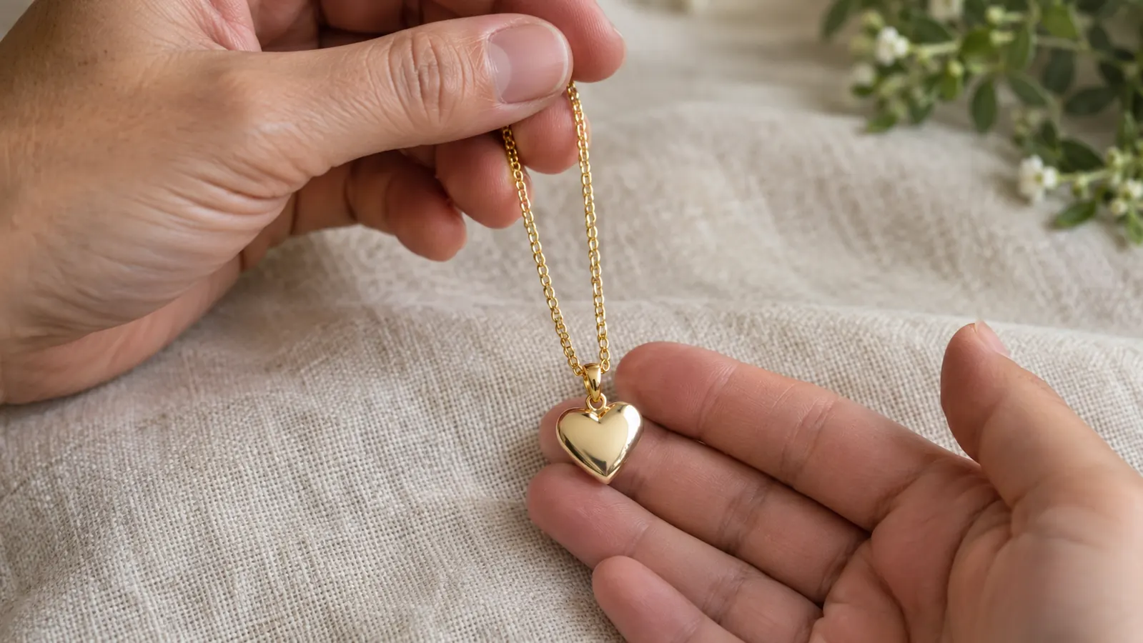 A hand holding a small sterling silver heart pendant necklace with a snake chain and round zircon accents, resting on a linen cloth