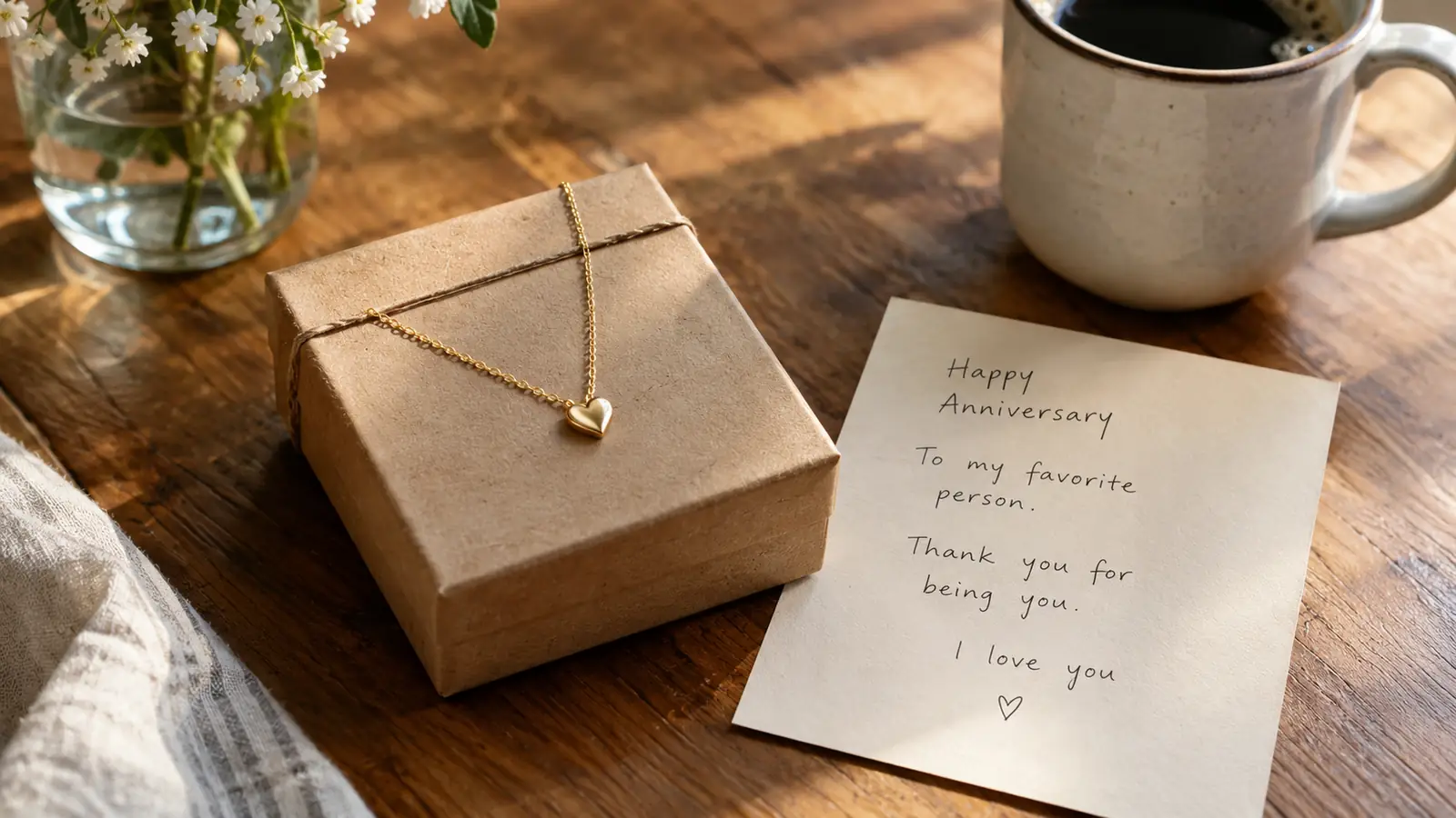 A gift box with a small heart pendant necklace resting on top beside a handwritten anniversary card on a wooden table