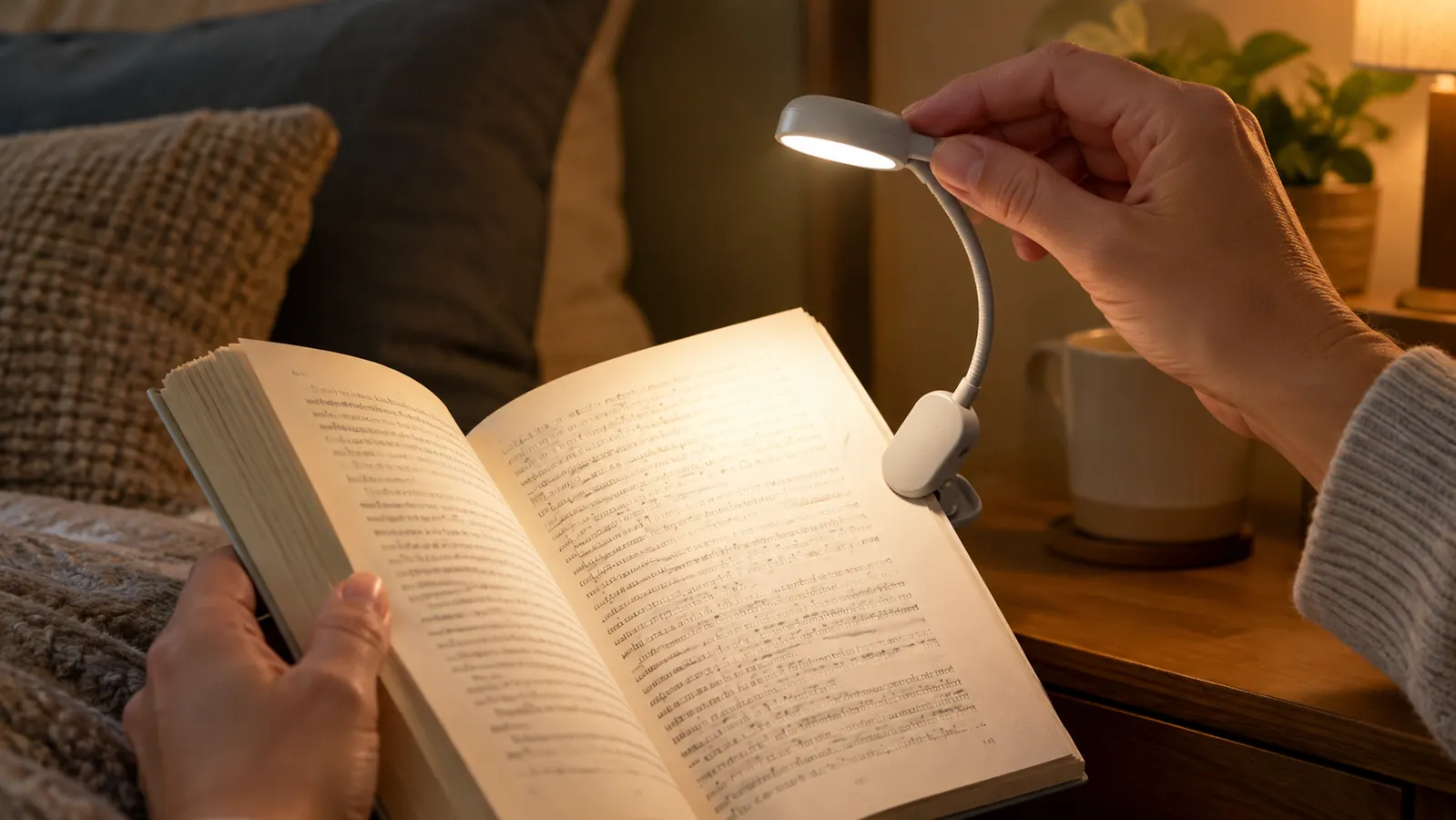 Close-up of a small clip-on book light attached to an open paperback, lighting the page, on a nightstand beside a bed