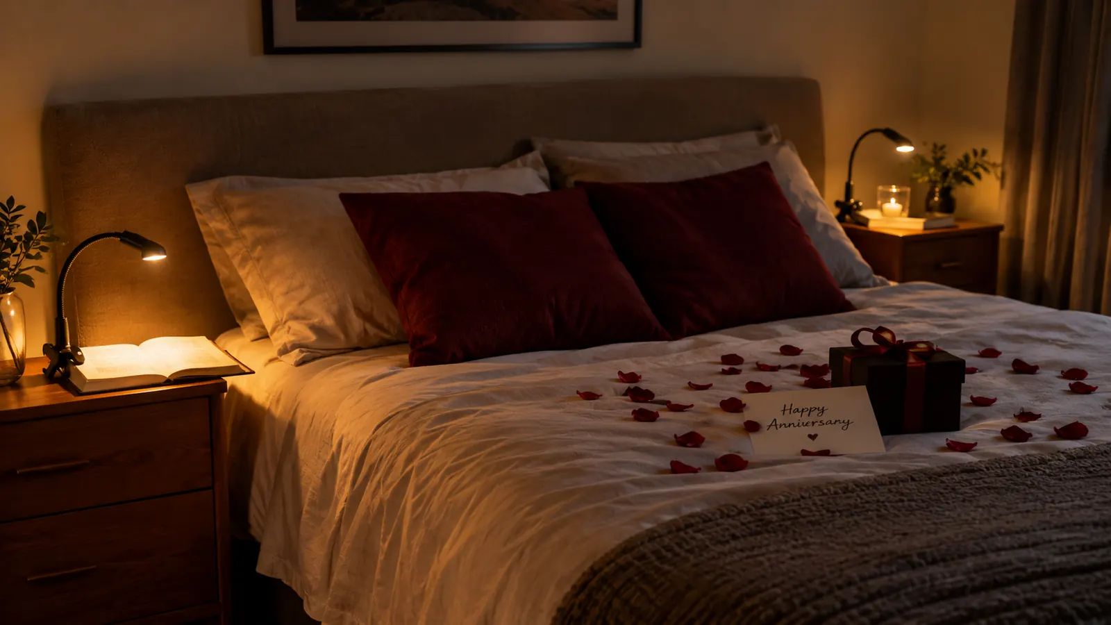 Two small clip-on book lights on matching nightstands, one on each side of a bed, one clipped to a closed book, warm evening light