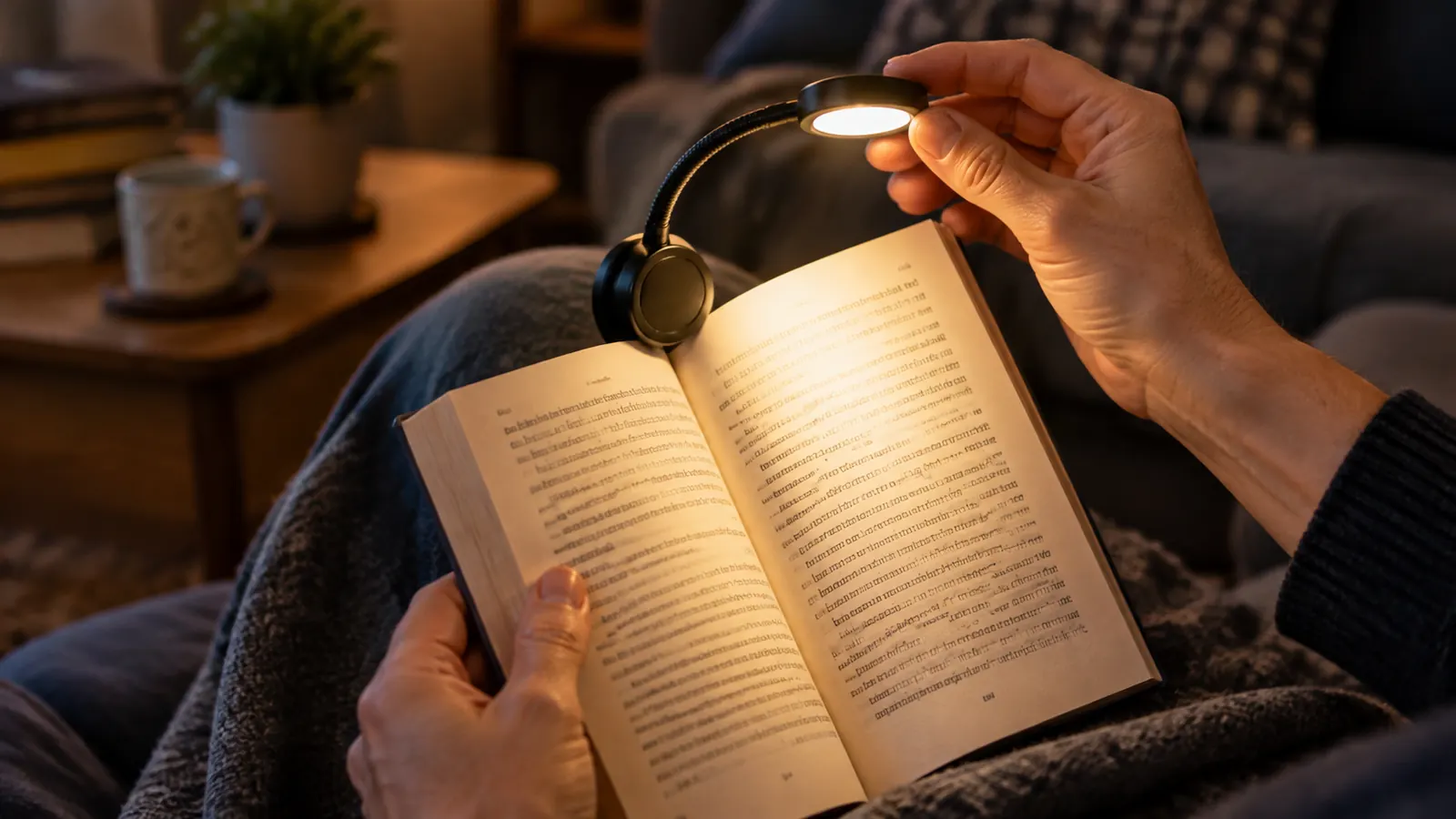 A hand adjusting a small round book light clipped to the back cover of an open paperback held over a lap