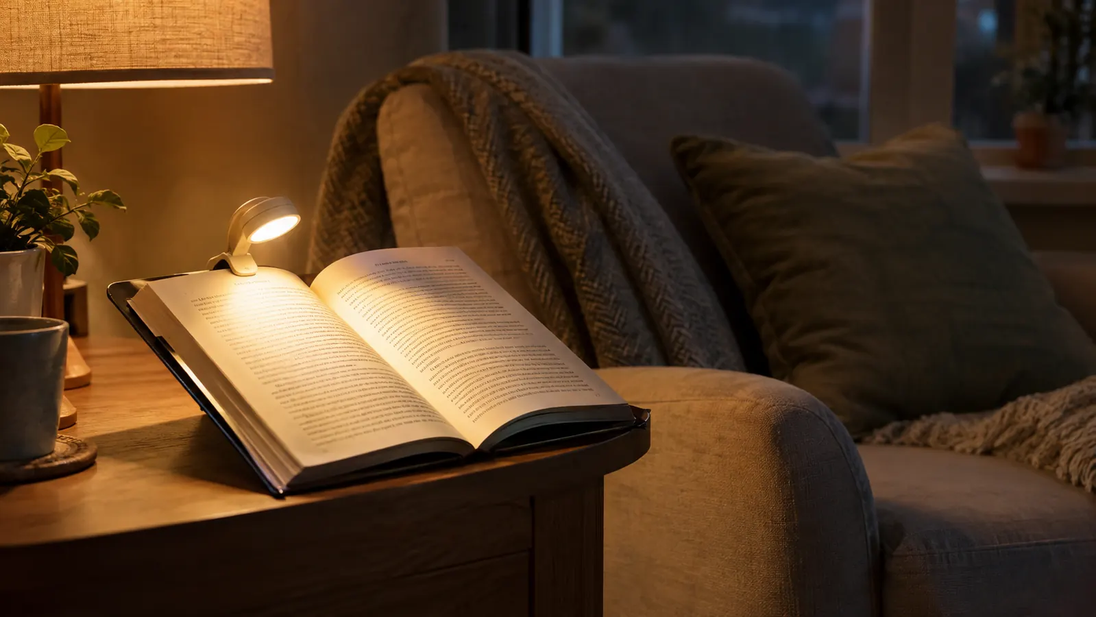 An open book on a bedside table in soft evening light with a small round book light clipped to the back cover
