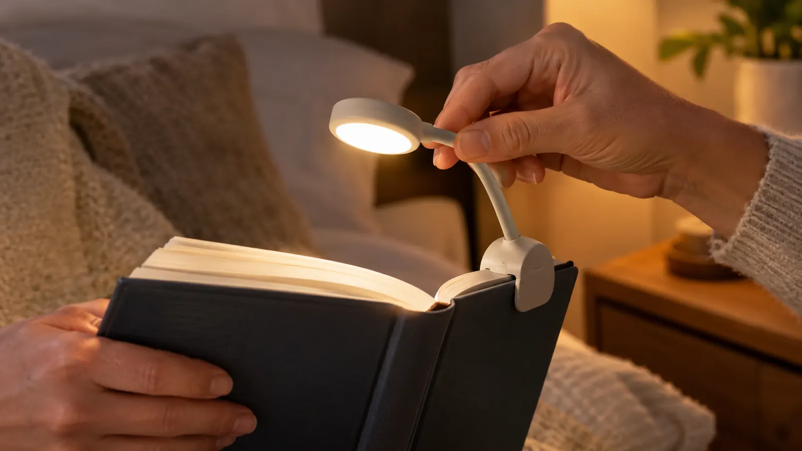 A hand adjusting the flexible neck of a small round book light clipped to a book
