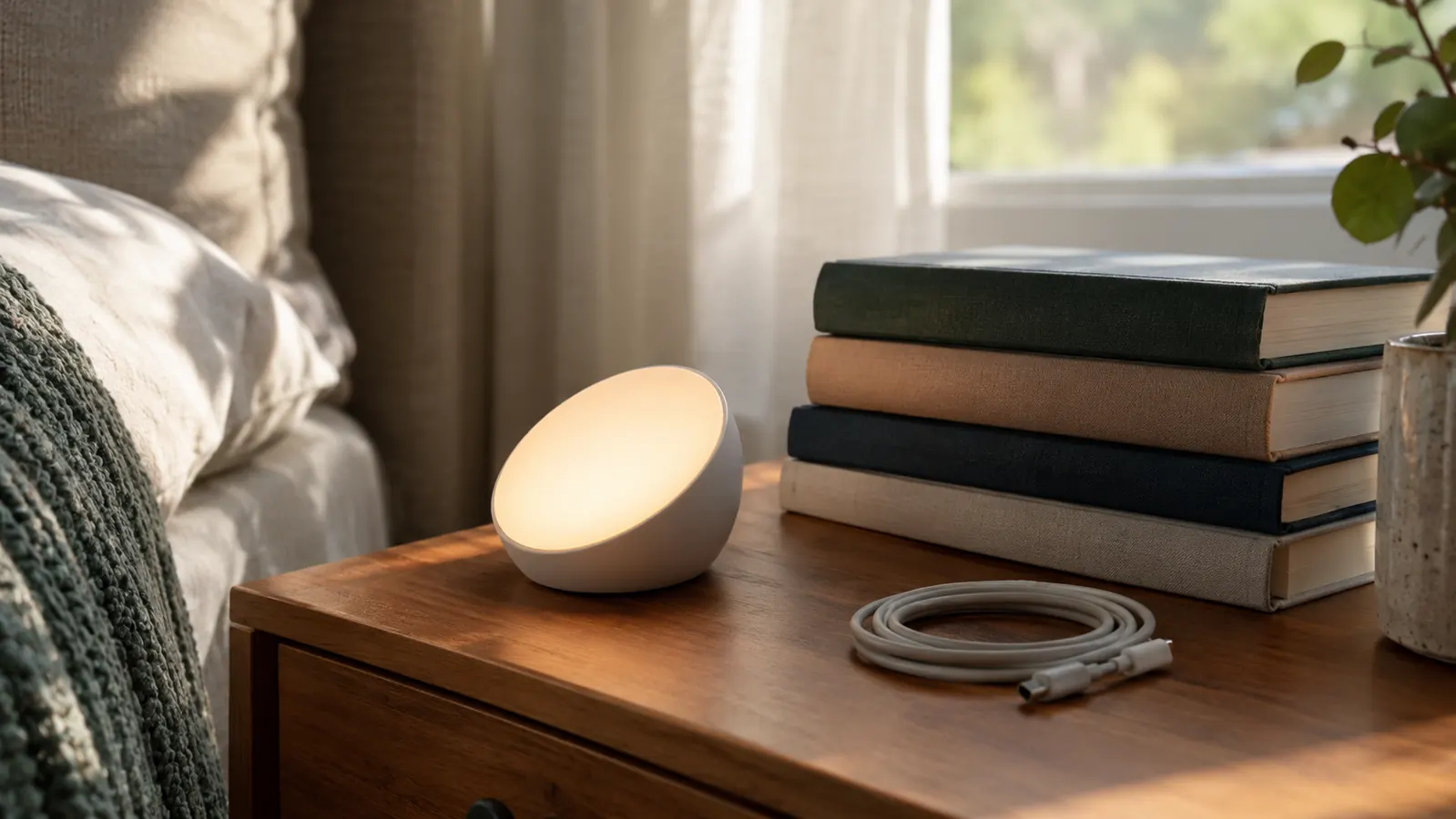A small round book light resting on a nightstand beside a stack of library books, charging cable nearby