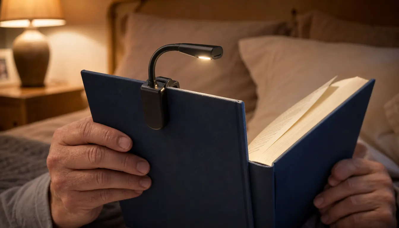 A hand holding the Gritin book light clipped to the cover of a hardcover book