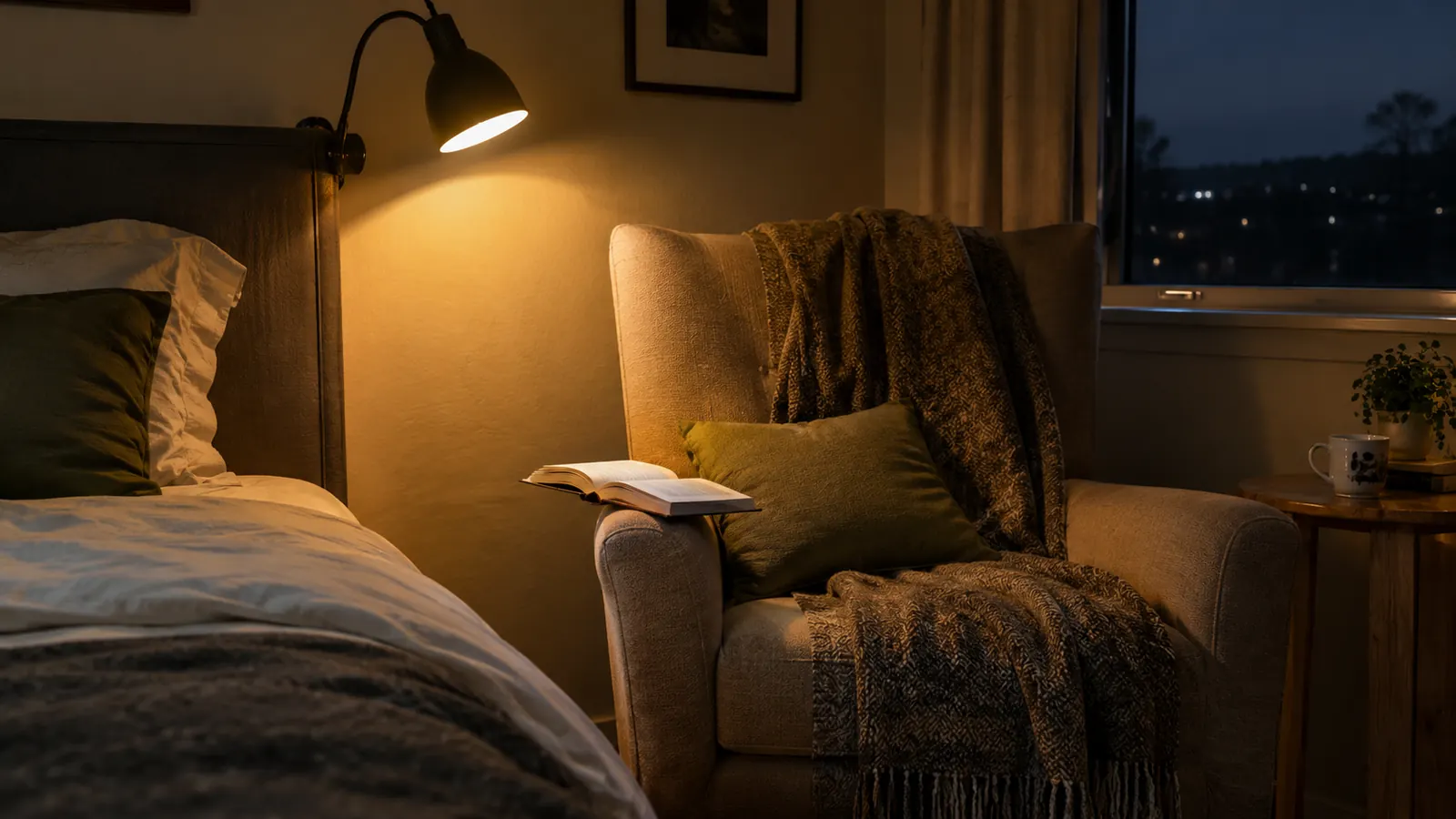 The same reading chair at night with a clip on lamp attached to the headboard, casting a wide pool of light