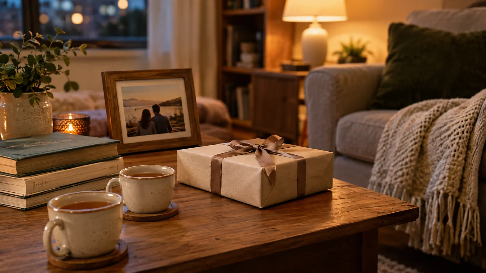 A wrapped anniversary gift on a wooden coffee table beside two cups of tea, a stack of hardcover books and a framed photo, with a soft throw over a reading chair in warm lamp light