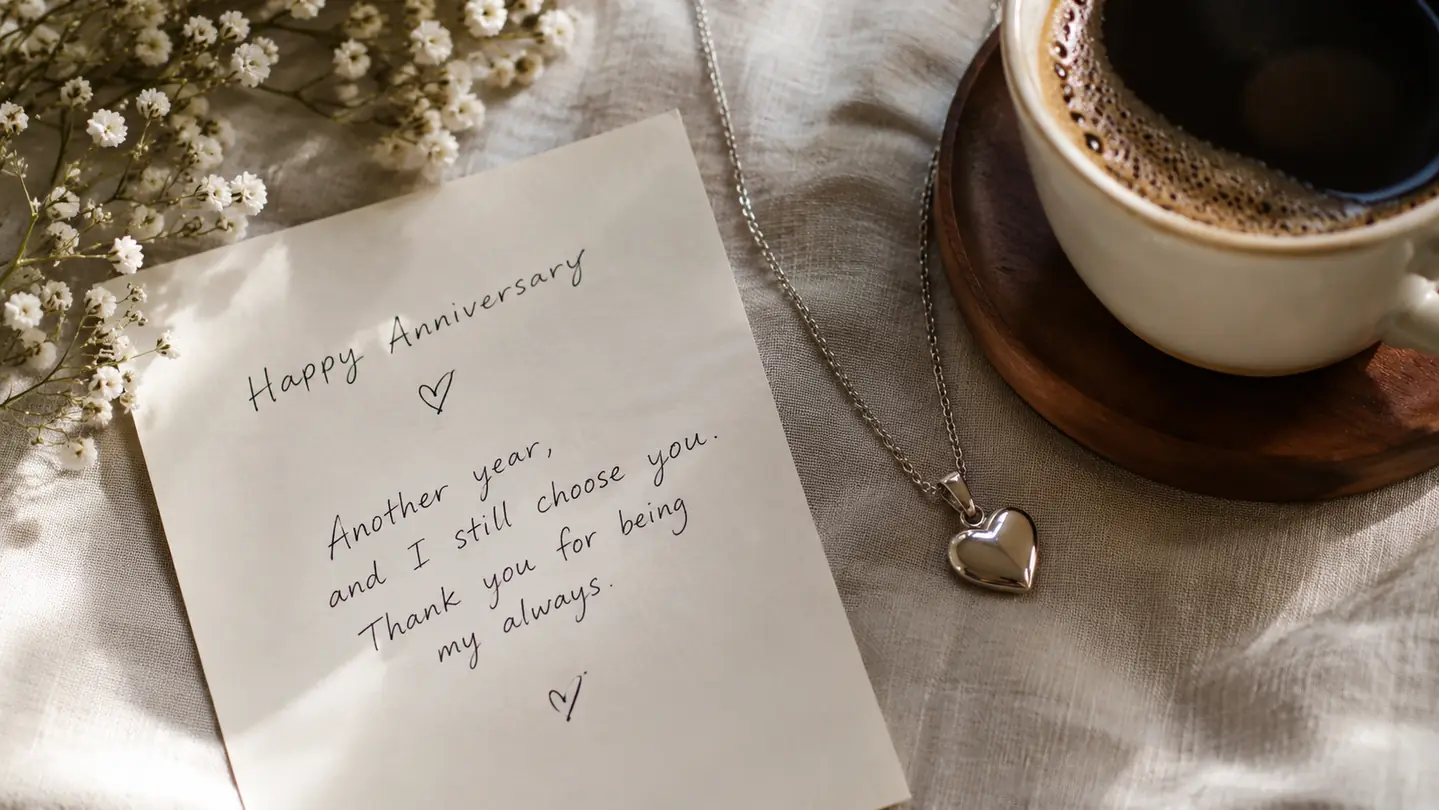 Heart-shaped pendant necklace resting on a linen cloth next to a handwritten card and a cup of coffee