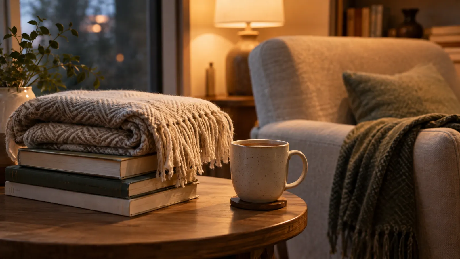 Folded throw blanket resting on a stack of books beside a reading chair with a mug of tea