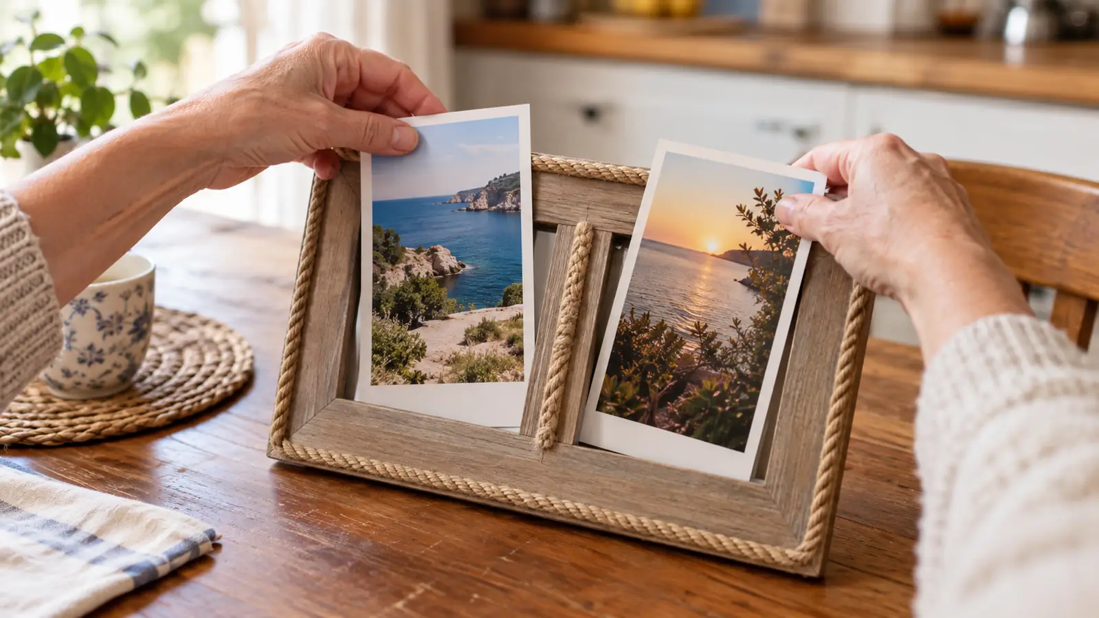 Hands placing two framed photographs into a two-opening wooden photo frame on a table