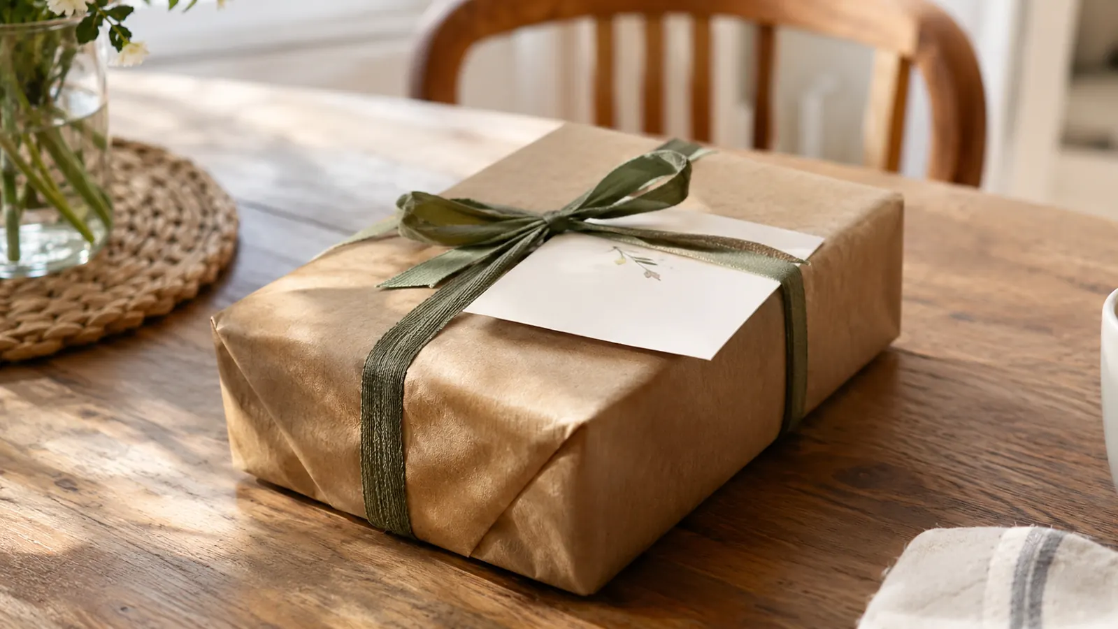 A wrapped anniversary gift box with a handwritten card resting on top, on a dining table