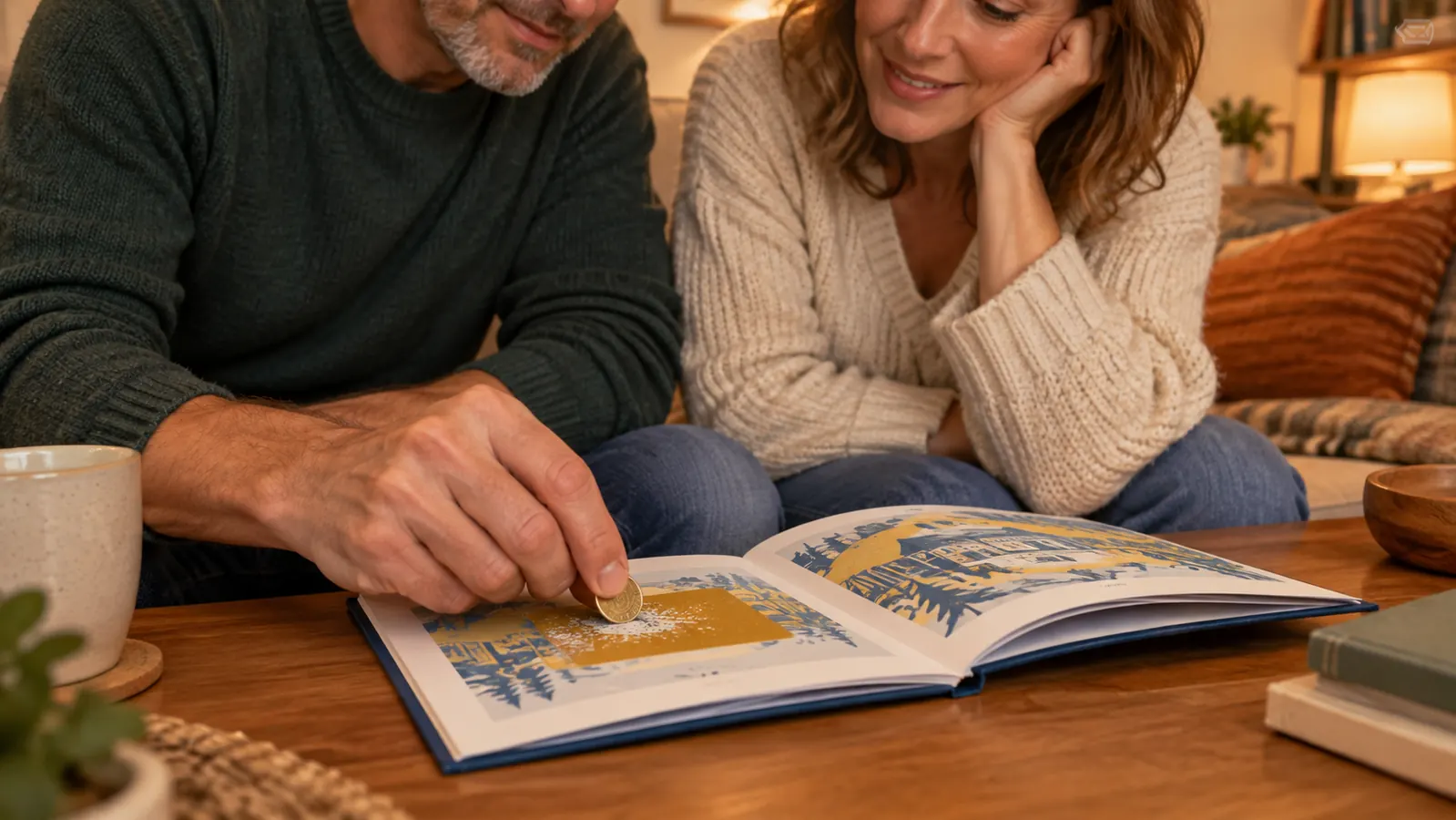 Two people sitting close together at a coffee table, one scratching a card in an open book with a coin while the other watches