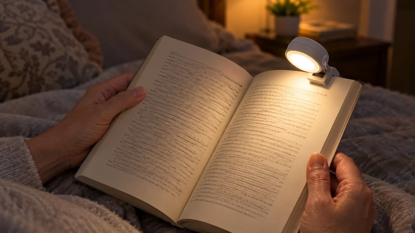 A hand holding a small round rechargeable book light clipped to a book page